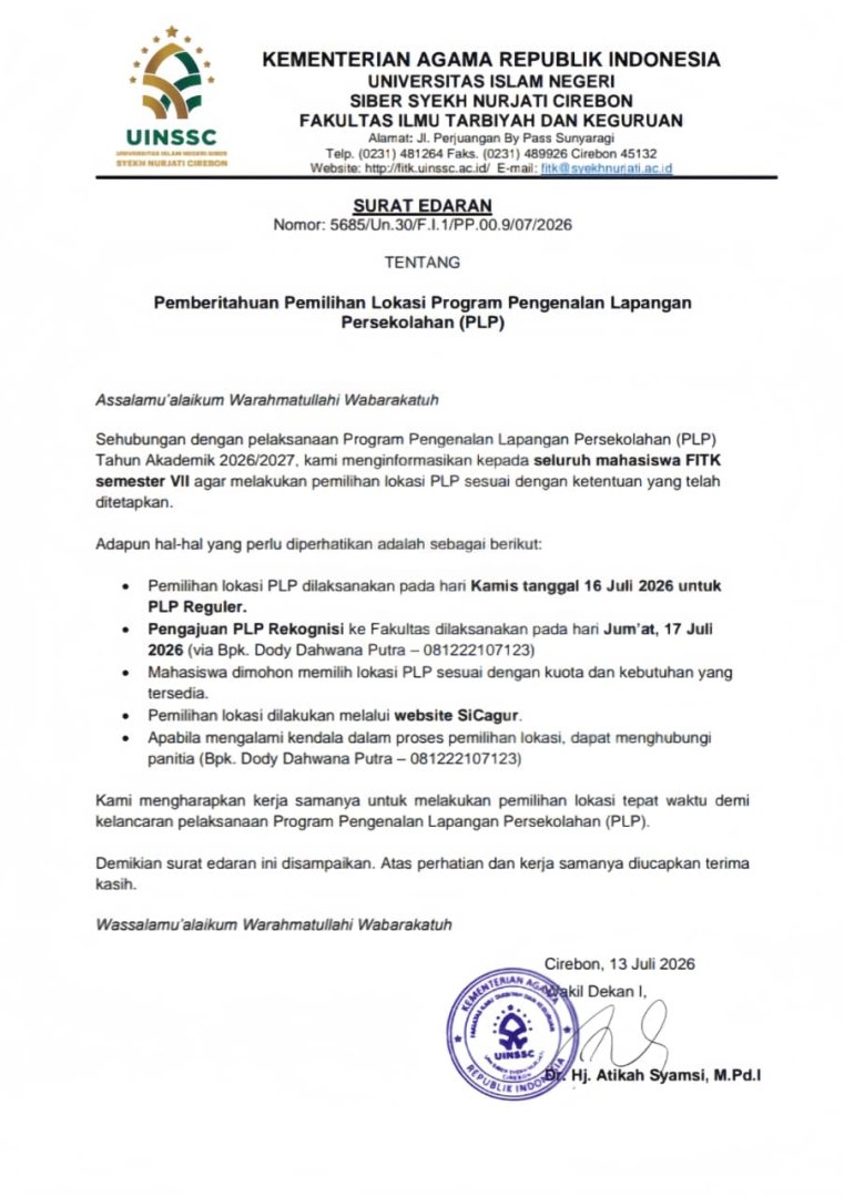FITK UIN Siber Syekh Nurjati Cirebon Umumkan Pemilihan Lokasi PLP Tahun Akademik 2026/2027