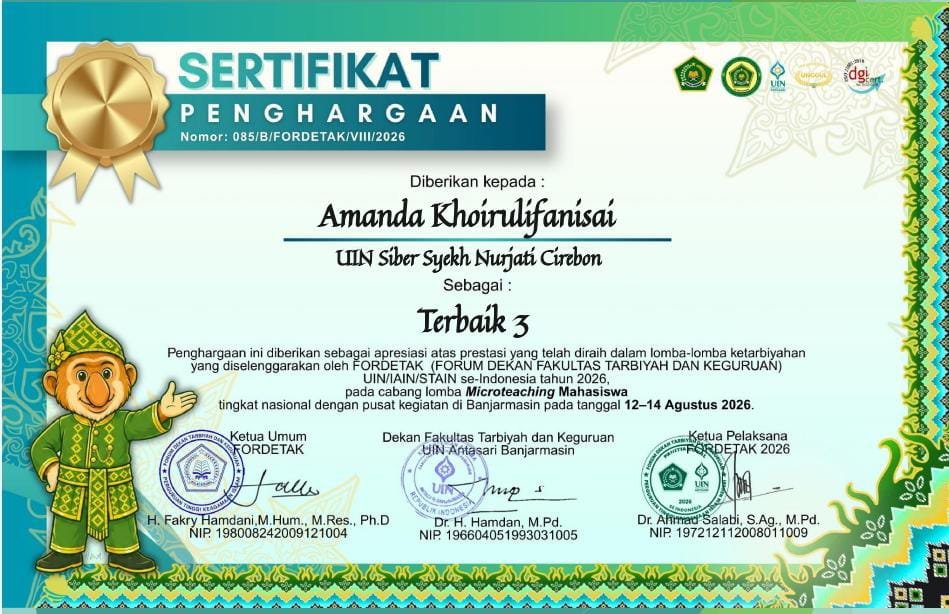 Mahasiswa Program Studi Tadris Bahasa inggris UIN Siber Syekh Nurjati Cirebon Raih Terbaik 3 dalam Lomba Microteaching Mahasiswa Nasional FORDETAK 2026